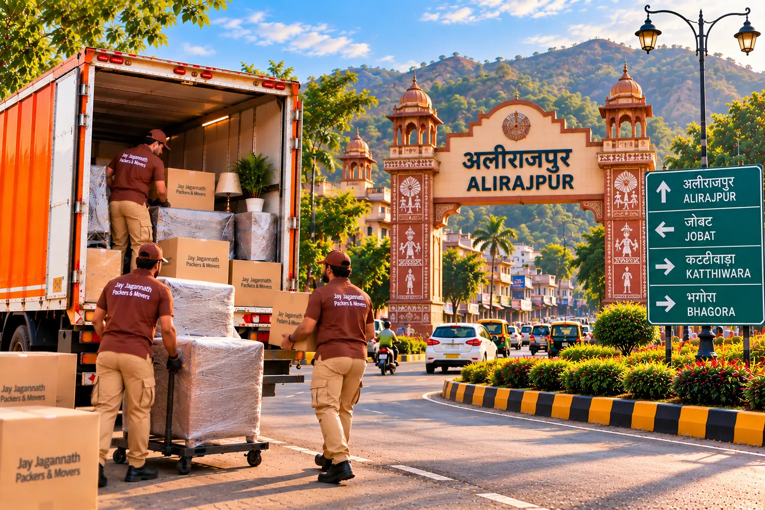 Packers and movers loading a truck with wrapped furniture and cartons in Alirajpur, with the city gate and hills in the background