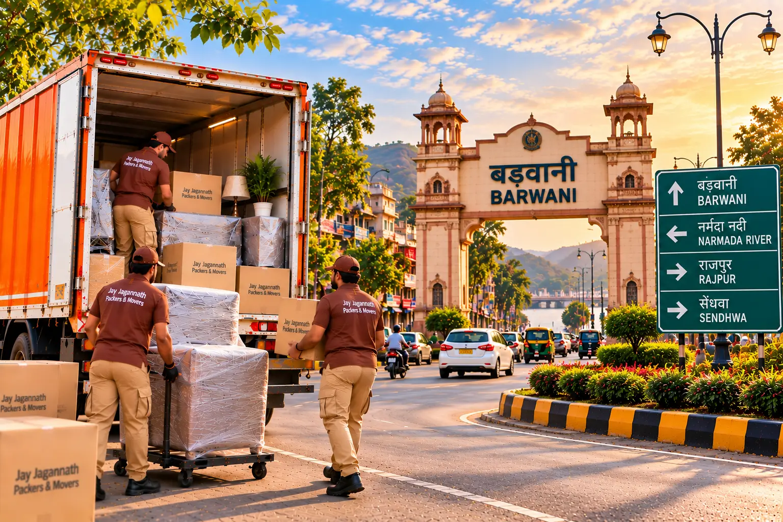 Packers and movers loading a truck with wrapped furniture and cartons in Barwani, with the city gate and hills in the background
