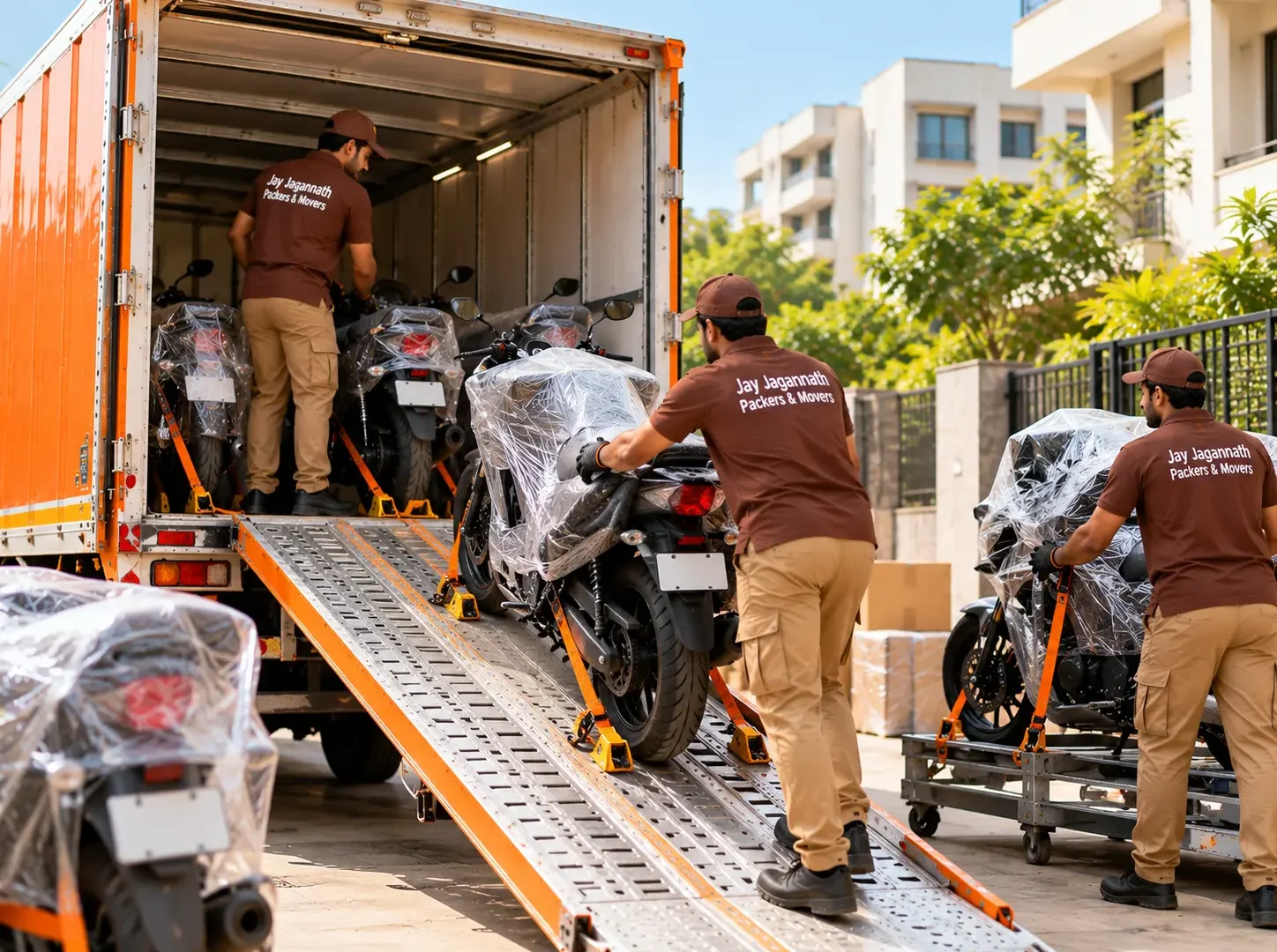 Bike transport: wrapped motorcycles being wheeled up a ramp into a transport truck