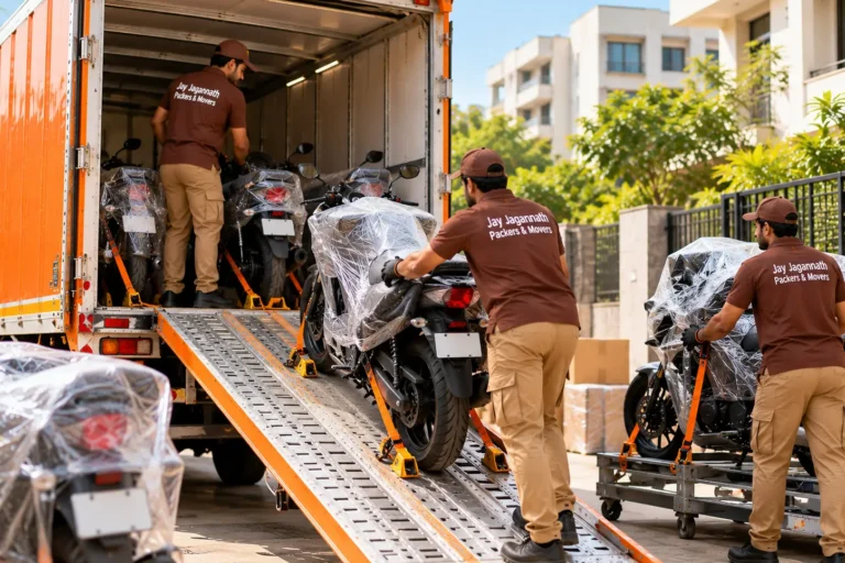 Bike transport: wrapped motorcycles being wheeled up a ramp into a transport truck