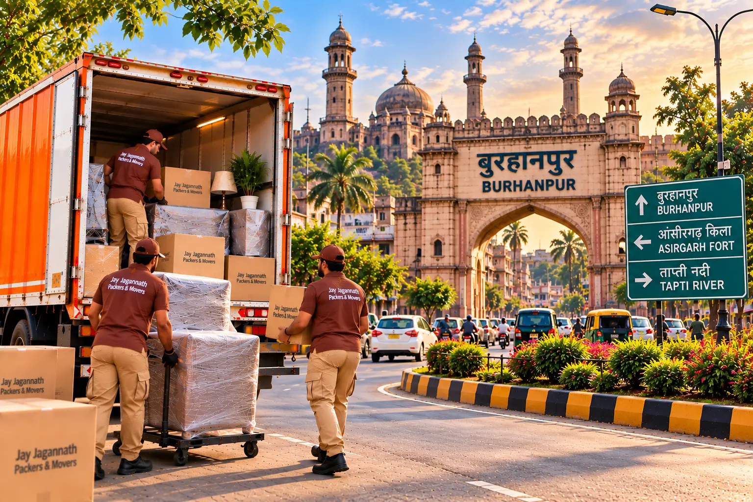 Packers and movers loading a truck with wrapped furniture and cartons in Burhanpur, with the city gate in the background