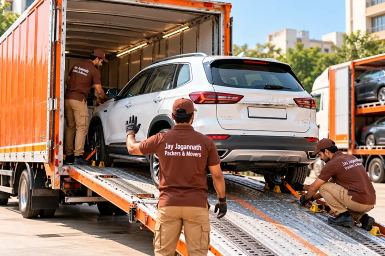 Car transport: a car being loaded up a ramp into an enclosed car carrier truck