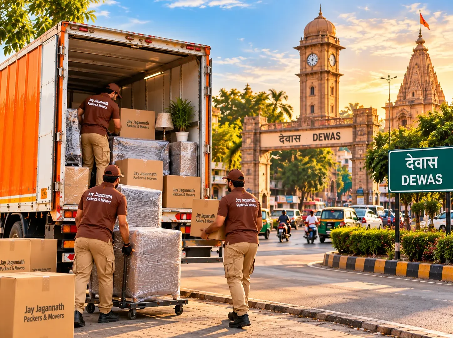 Packers and movers loading a truck with wrapped furniture and cartons in Dewas, with a clock tower and city gate in the background