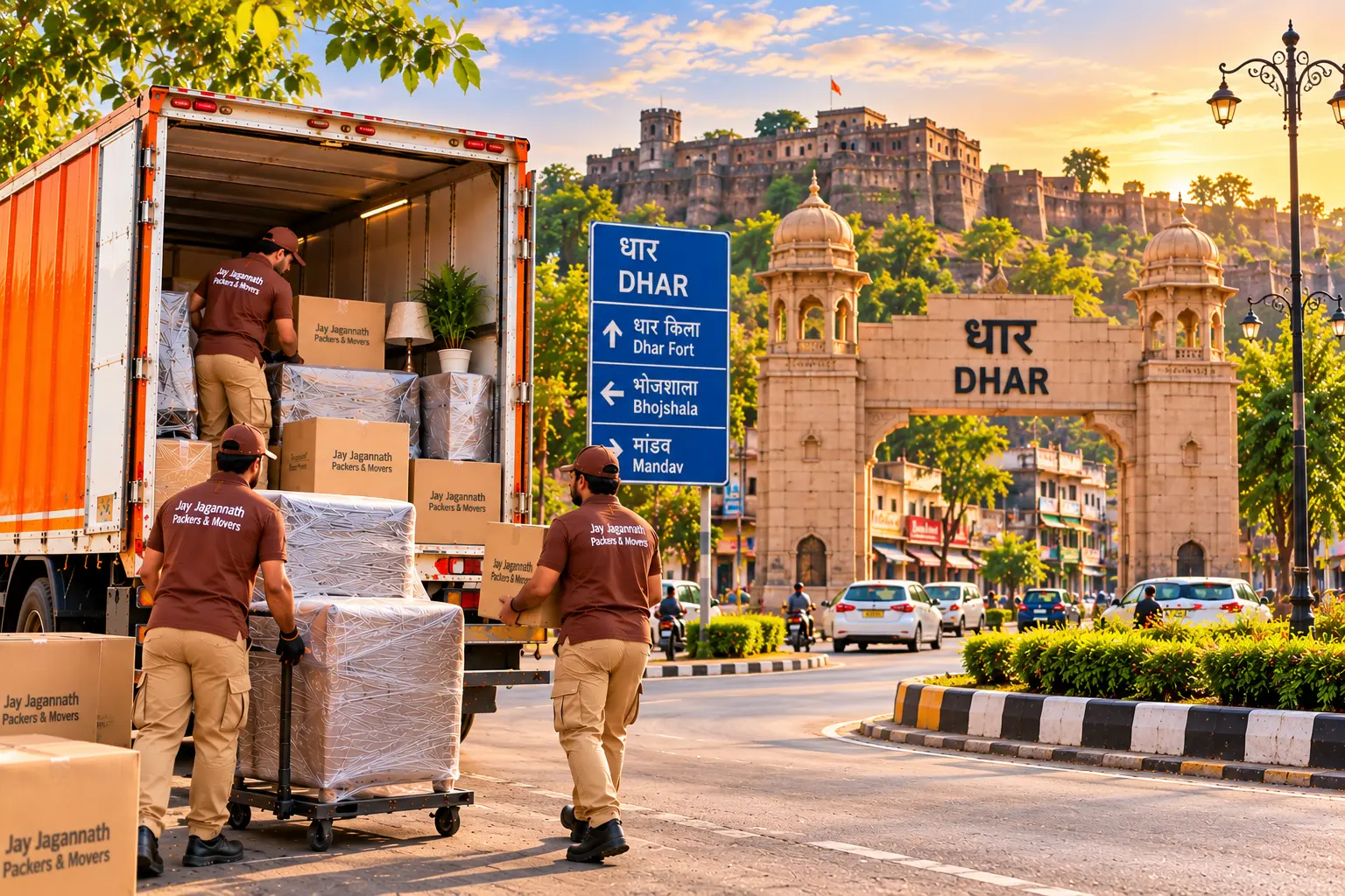 Packers and movers loading a truck with wrapped furniture and cartons in Dhar, with the city gate and Dhar Fort in the background