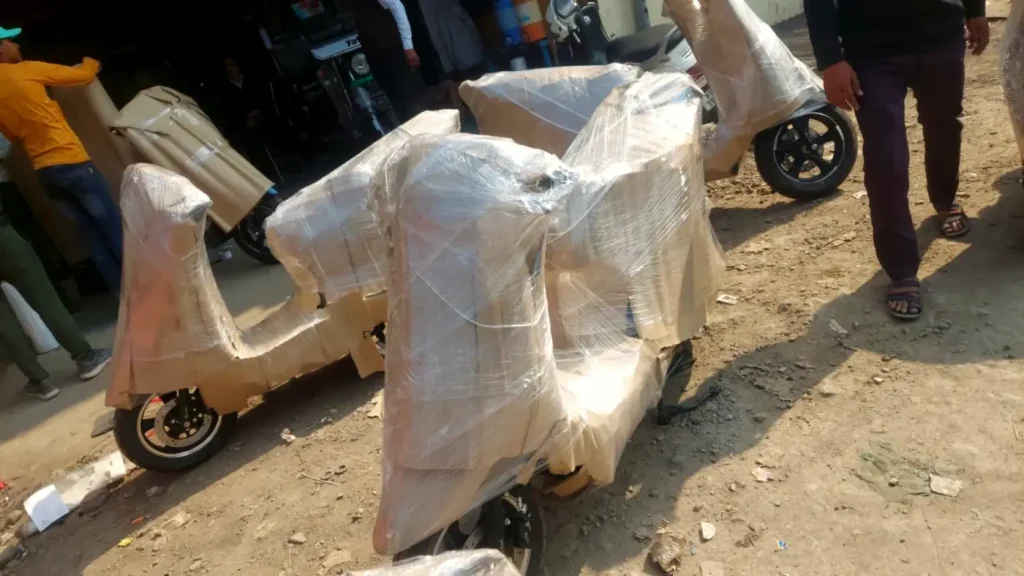 Several scooters wrapped for transport