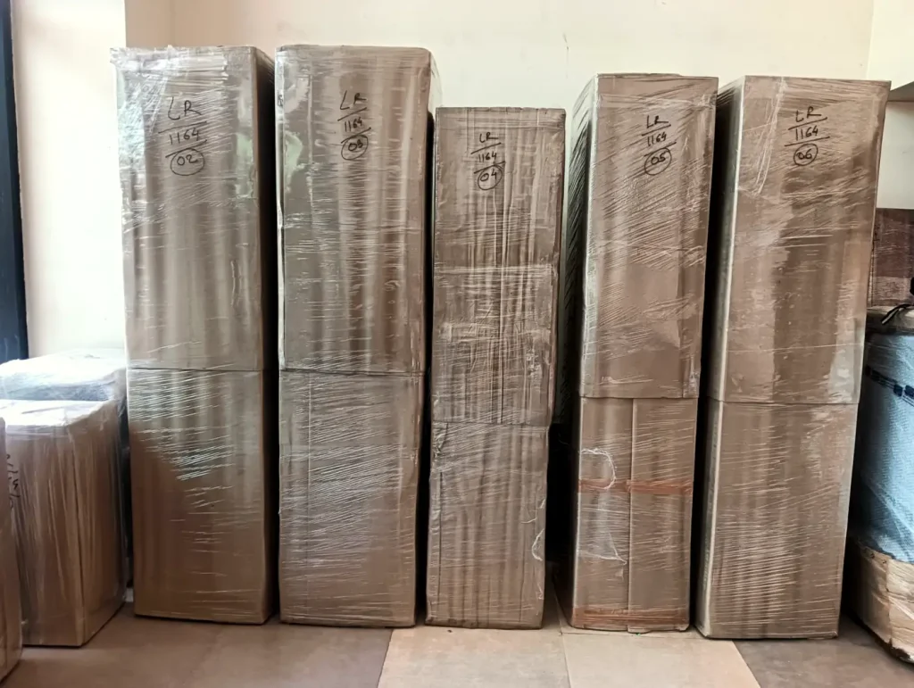 Labelled cabinets wrapped for a move