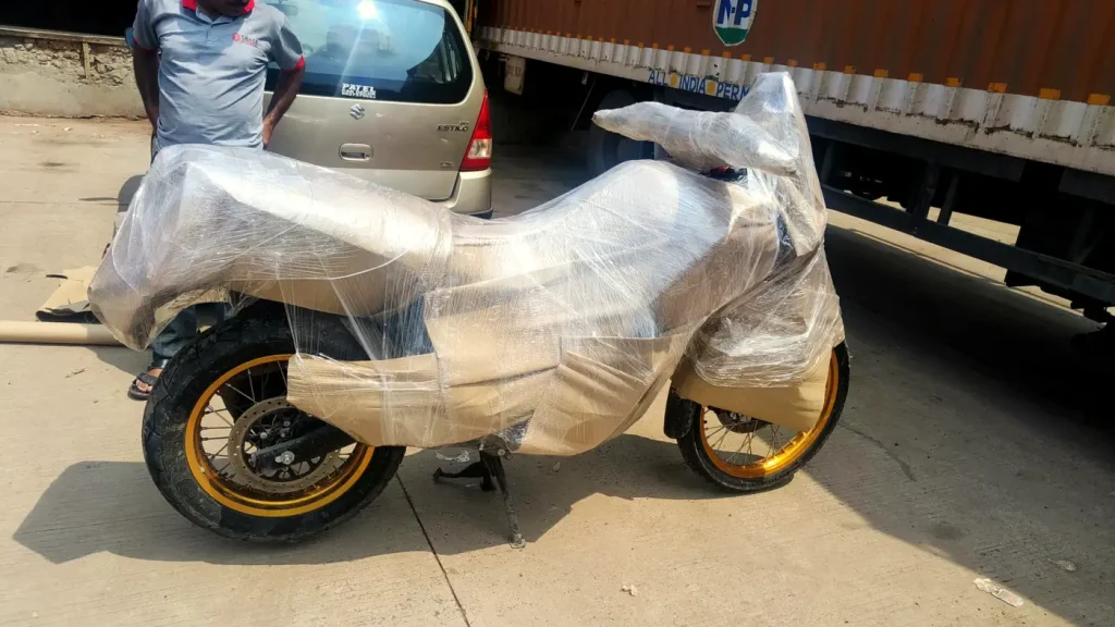 Motorcycle packed in cardboard and stretch film
