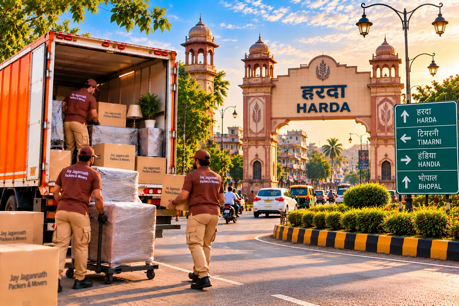 Packers and movers loading a truck with wrapped furniture and cartons in Harda, with the city gate in the background