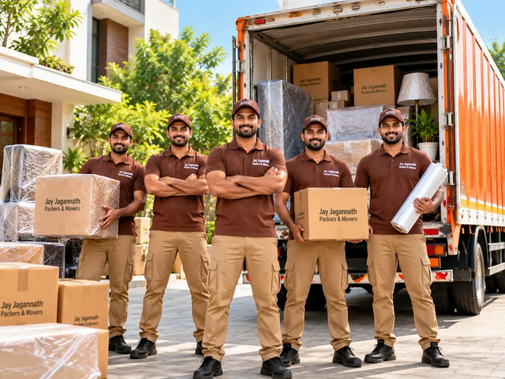 Packers and movers crew in uniform standing with packed cartons in front of a loaded moving truck