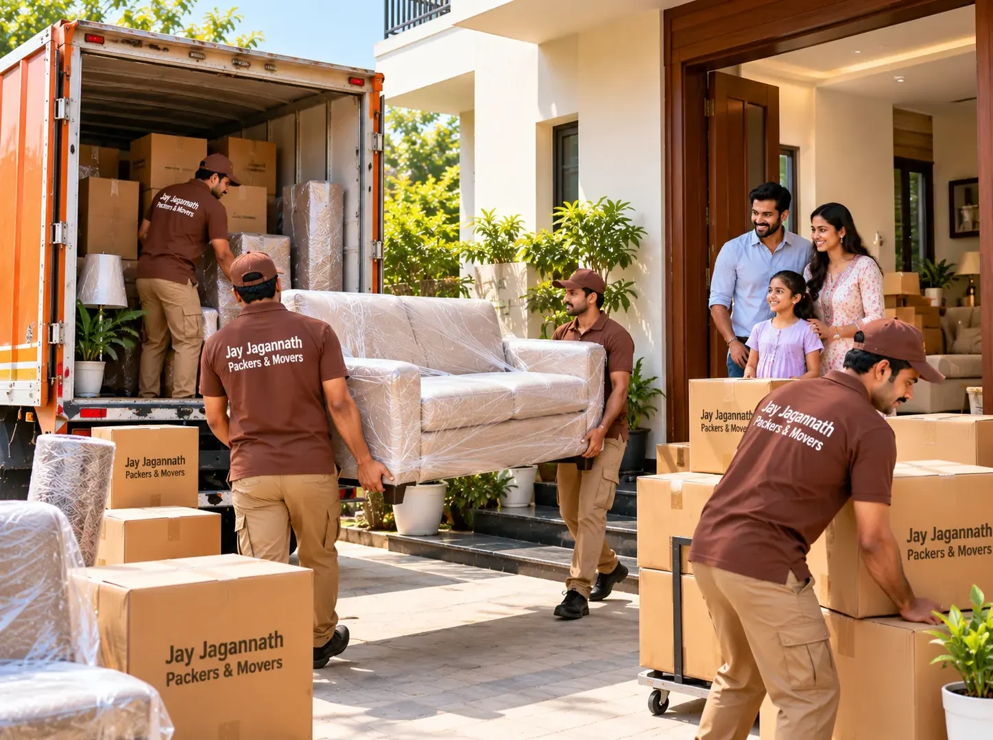 Home shifting: movers carrying a wrapped sofa and cartons from a house to a moving truck