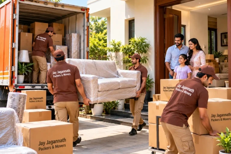 Home shifting: movers carrying a wrapped sofa and cartons from a house to a moving truck