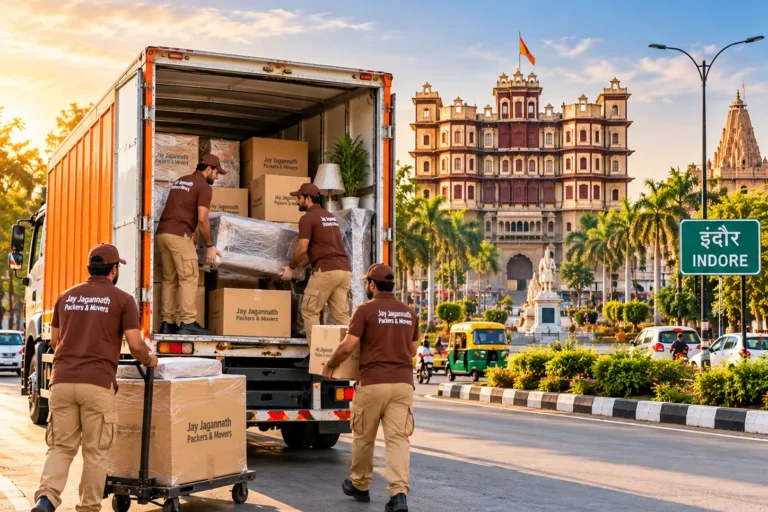 Packers and movers loading a truck with wrapped furniture and cartons in Indore, with Rajwada palace in the background