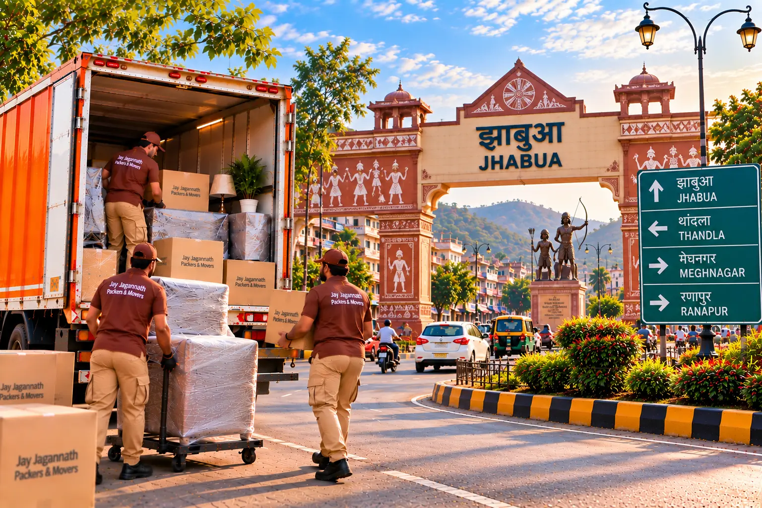 Packers and movers loading a truck with wrapped furniture and cartons in Jhabua, with the city gate in the background