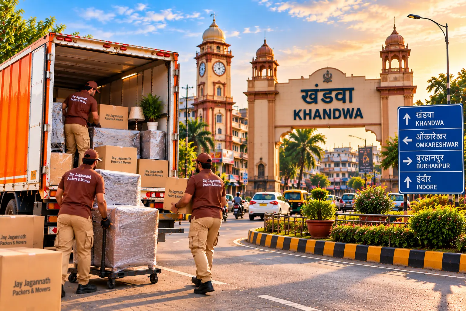 Packers and movers loading a truck with wrapped furniture and cartons in Khandwa, with the city gate and road signs in the background