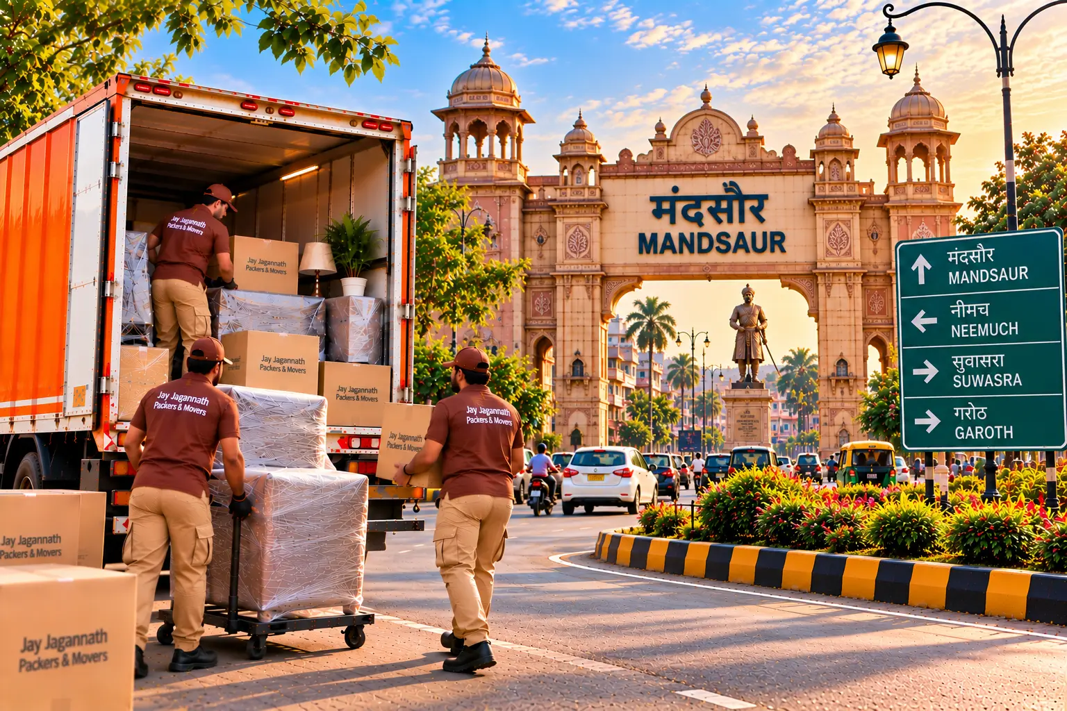 Packers and movers loading a truck with wrapped furniture and cartons in Mandsaur, with the city gate in the background