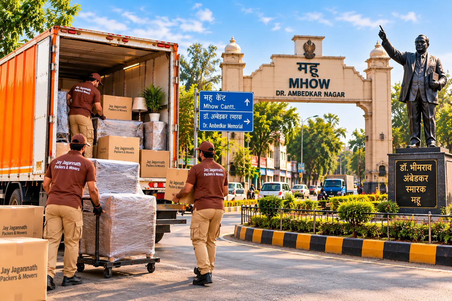 Packers and movers loading a truck with wrapped furniture and cartons in Mhow, with the Dr. Ambedkar Nagar gate and statue in the background