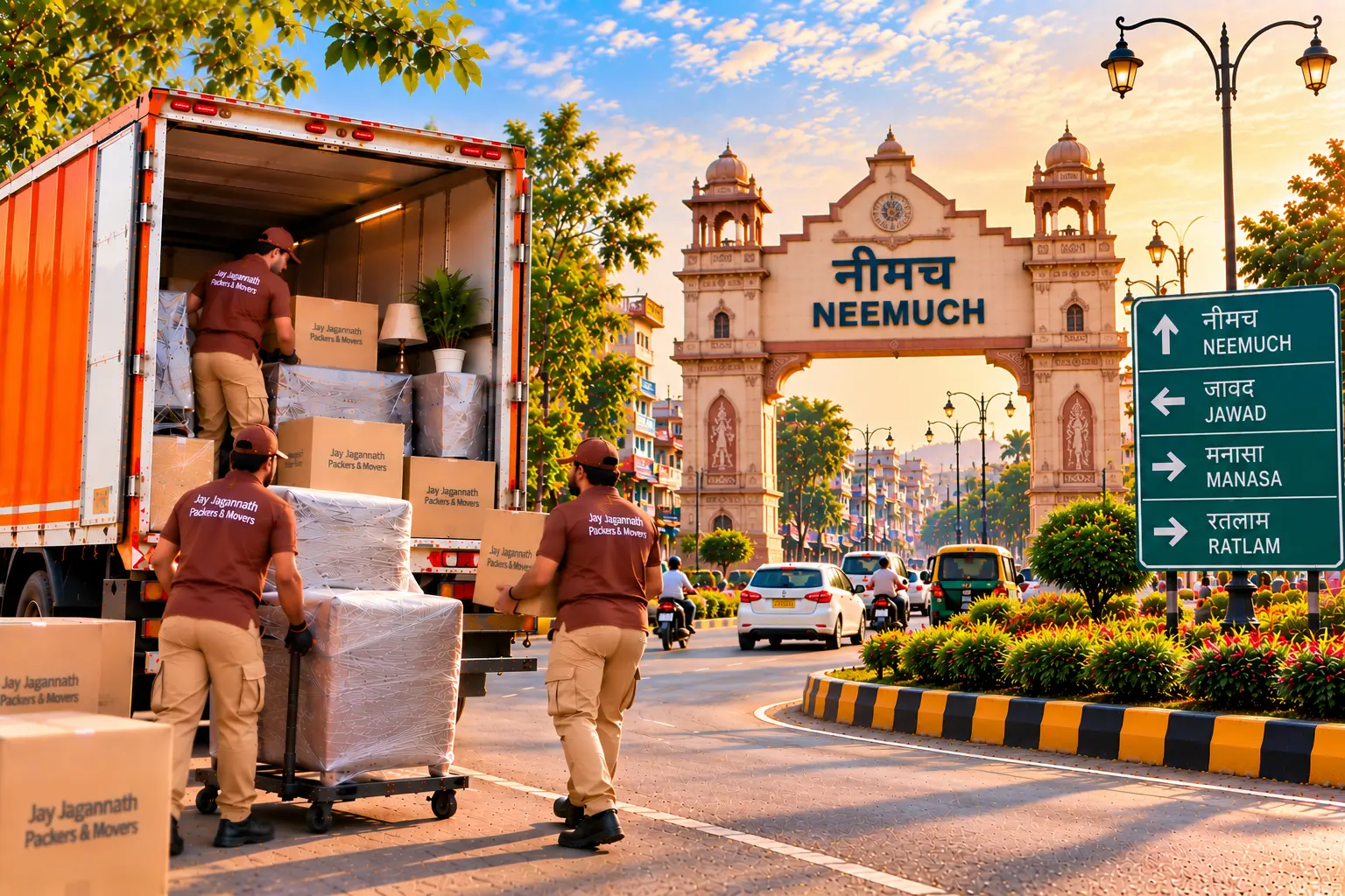 Packers and movers loading a truck with wrapped furniture and cartons in Neemuch, with the city gate in the background