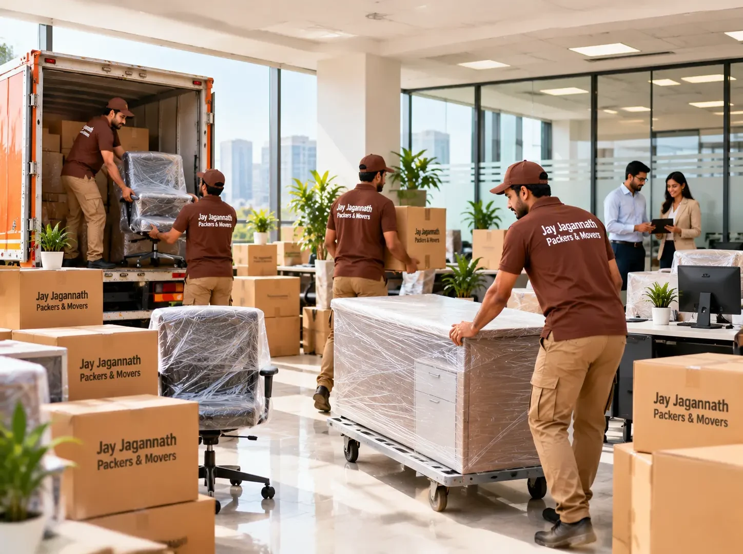 Office shifting: movers wheeling wrapped office furniture and chairs out to a truck