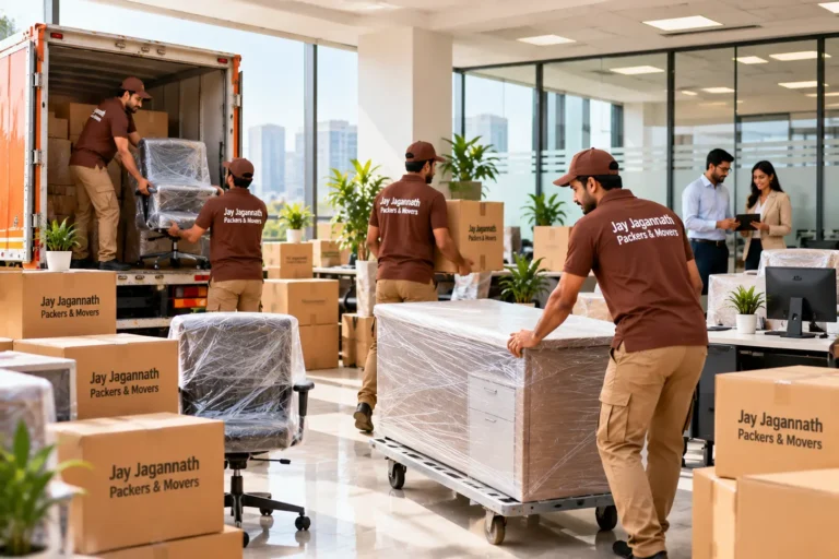 Office shifting: movers wheeling wrapped office furniture and chairs out to a truck