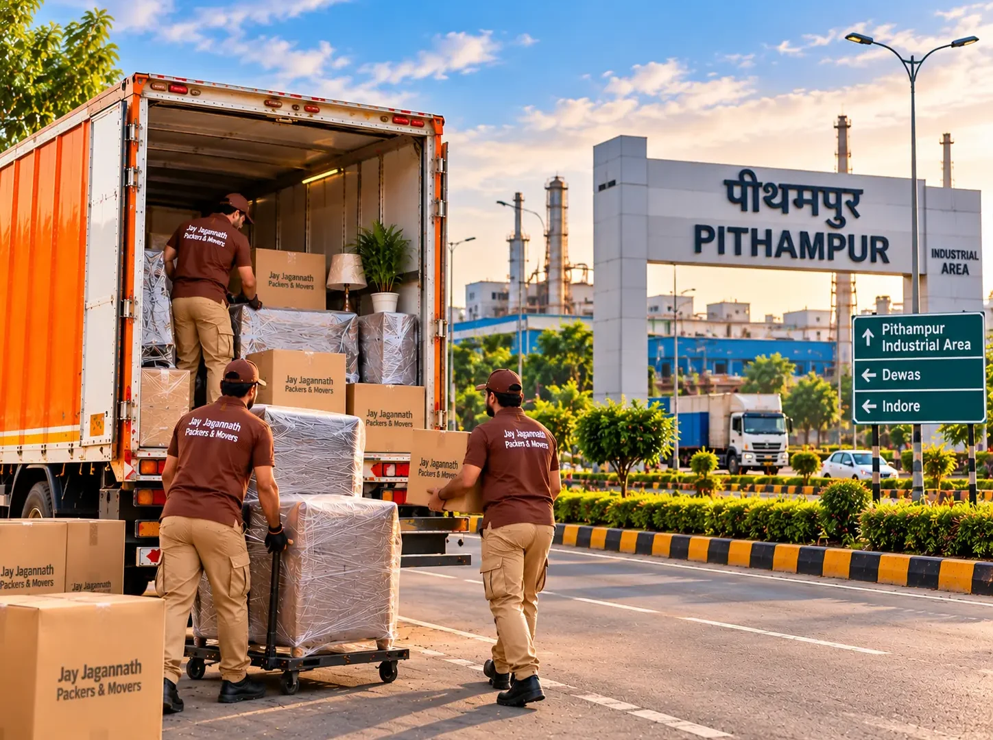 Packers and movers loading a truck with wrapped furniture and cartons in Pithampur, with the industrial area entrance in the background