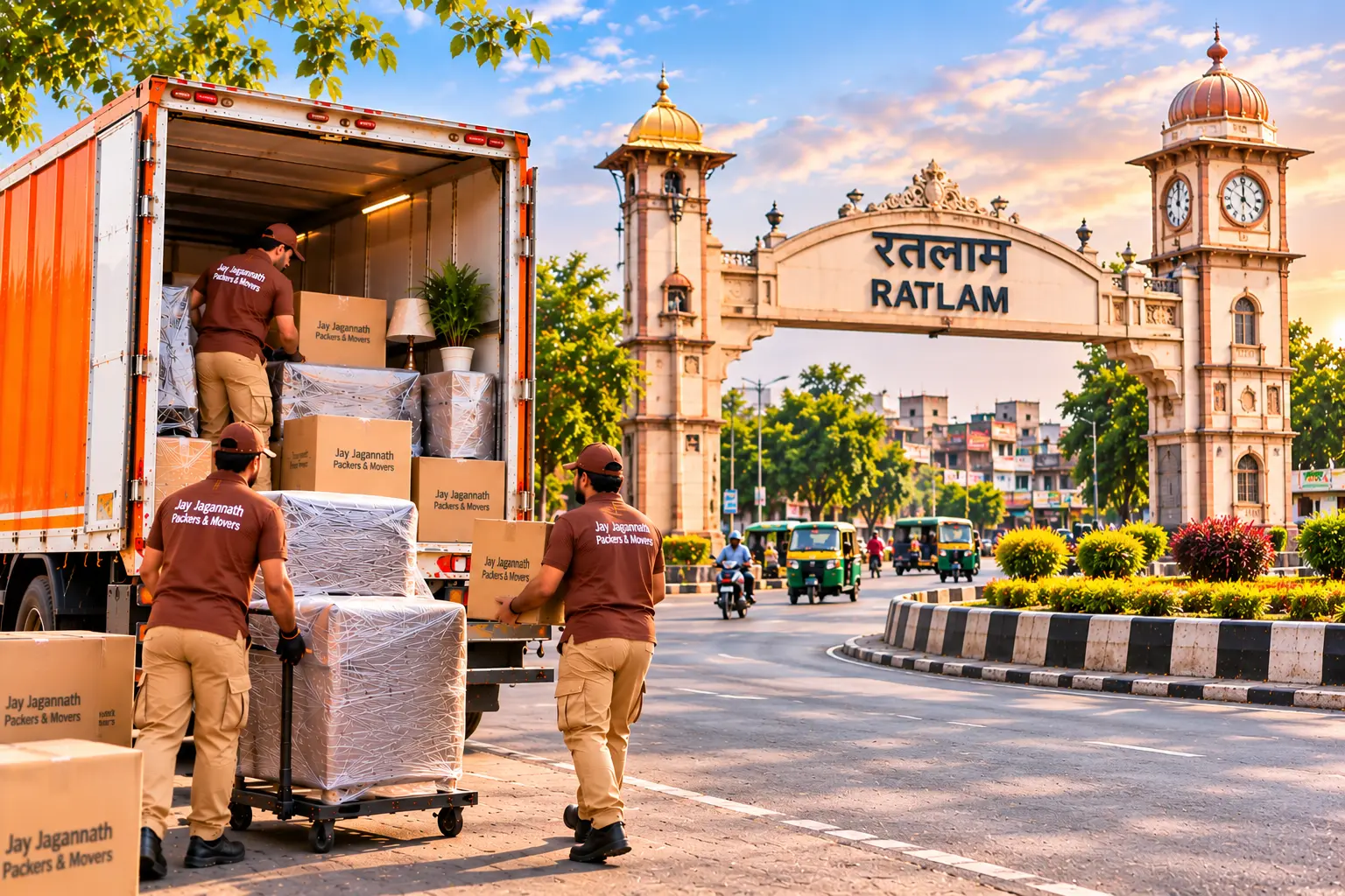 Packers and movers loading a truck with wrapped furniture and cartons in Ratlam, with the city gate and clock towers in the background