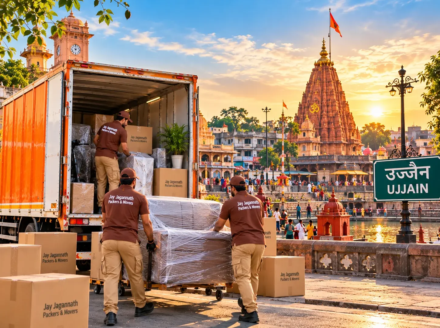 Packers and movers loading a truck with wrapped furniture and cartons in Ujjain, with a temple in the background