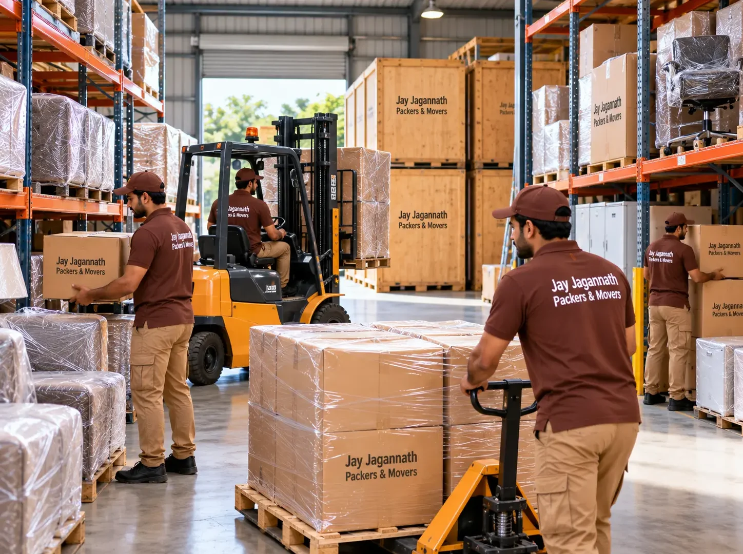 Storage and warehousing: packed goods on pallets and racks in a warehouse with a forklift