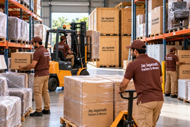 Storage and warehousing: packed goods on pallets and racks in a warehouse with a forklift
